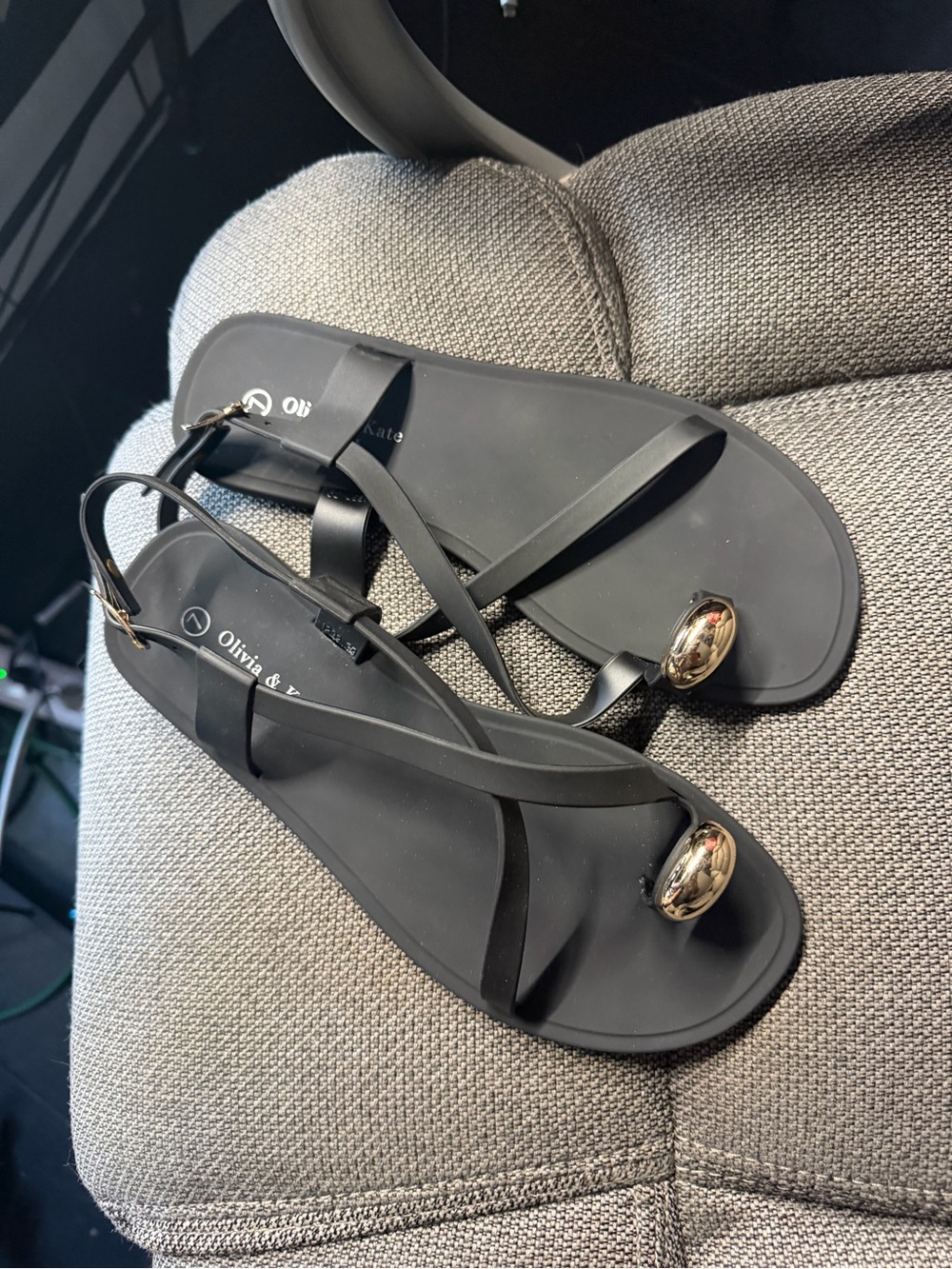 Black Strappy Toe-Ring Sandals with Gold Accent for women’s